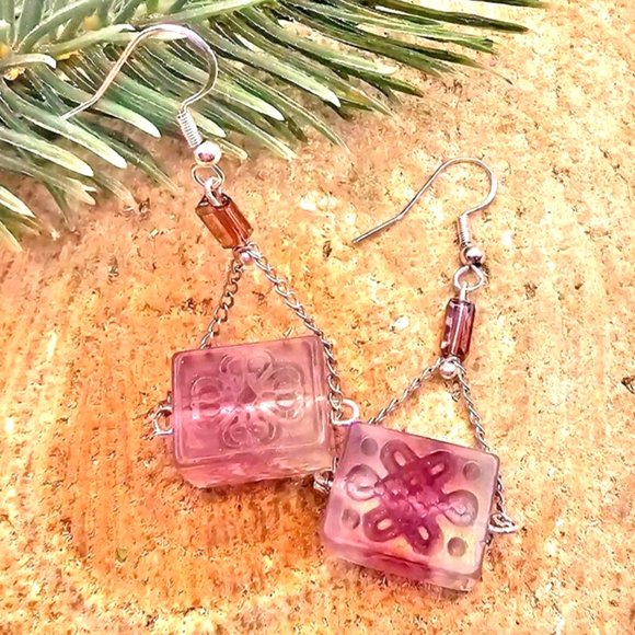 Nature Fluorite  Fret Symbols Block 925 Dangle Earring - Picture 6 of 10